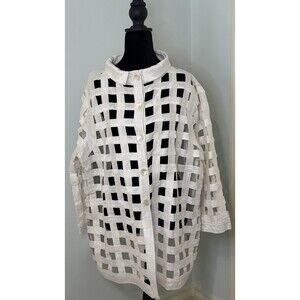 PATTY KIM Womens White  Open Weave 3/4 Sleeve Button Shacket Blazer Top XL